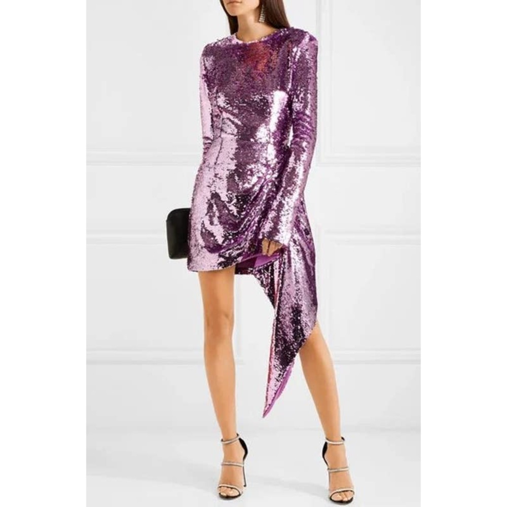16Arlington Lilac Purple Draped Sequined Mesh Crepe Cocktail Party Mini Dress